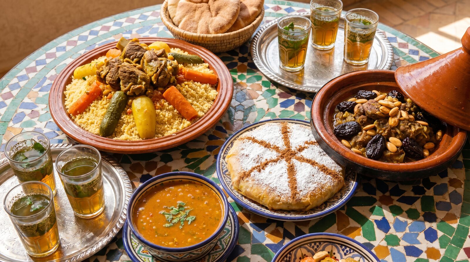 Традиционные марокканские блюда: кускус, тажин, пастилла и харира на столе с зеллидж