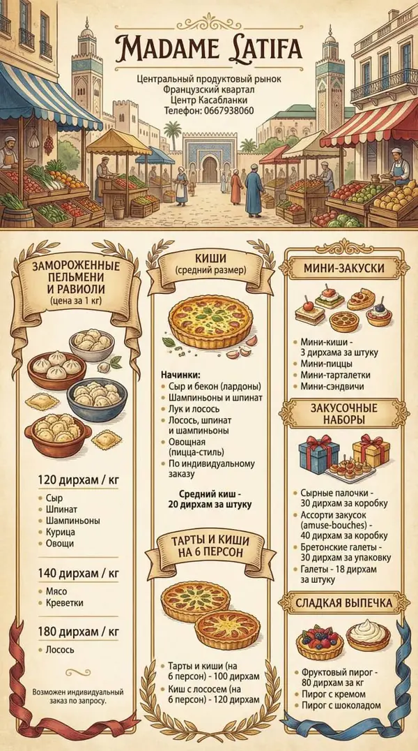 Меню и цены Madame Latifa: замороженные пельмени и равиоли, киши и закуски на Центральном рынке Касабланки
