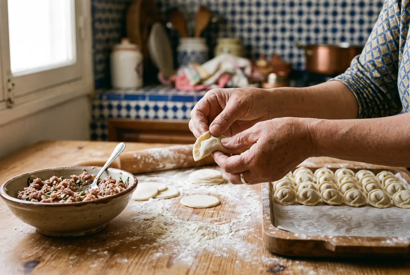 Домашние пельмени лепят вручную на кухне с марокканской плиткой: русская еда в Марокко на заказ